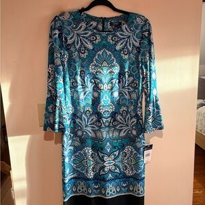 Chaps Blue Turquoise Paisley Sheath Dress w retro bell sleeves